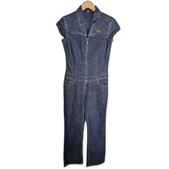 FUBU Pants - FUBU Collection Y2K Denim Jumpsuit Size 9/10 Blue One Piece Stretch Cotton Zip